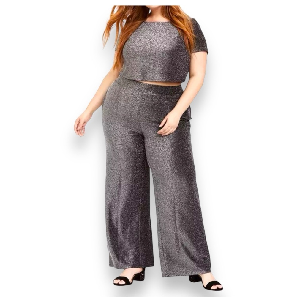 Torrid 2Pc. Black & Silver Glitter Crop Top & Wide Leg Pant Set Size 2X